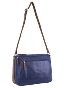 Milleni - NL9426 Leather Multi Compartment Cross-Body Bag - Indigo/Chestnut