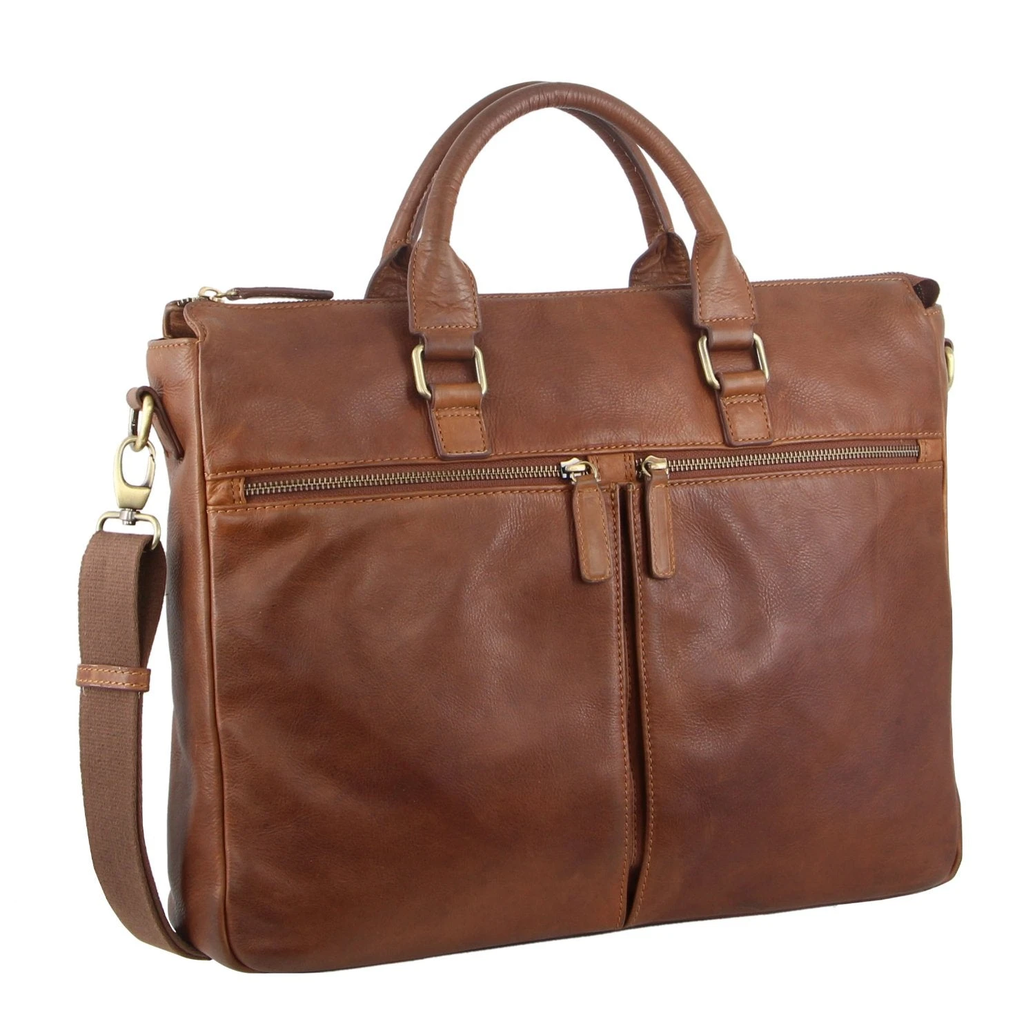 Pierre Cardin Rustic Leather Multi-Zipper Computer Bag In D.TAN
