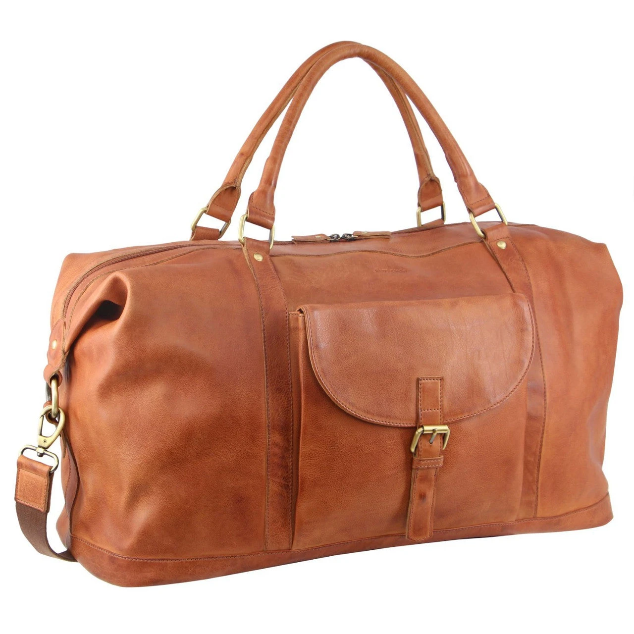 Pierre Cardin - Rustic Leather Overnight Bag With Front Flap Pocket PC3134 - Cognac